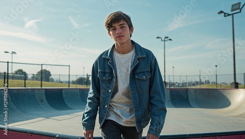 A teenage male skater in casual clothes at a skate park on a plain background