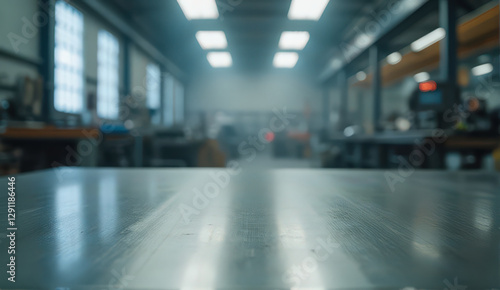 Wallpaper Mural blurred view of industrial workshop with focus on metal table surface, surrounded by machinery and bright overhead lights. atmosphere is busy and productive Torontodigital.ca