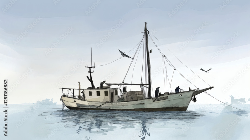 A serene illustration of a fishing boat sailing on calm waters, surrounded by a soft sky and distant land, capturing the essence of maritime life A serene illustration of a fishing boat sailing on calm waters, surrounded by a soft sky and distant land, capturing the essence of maritime life