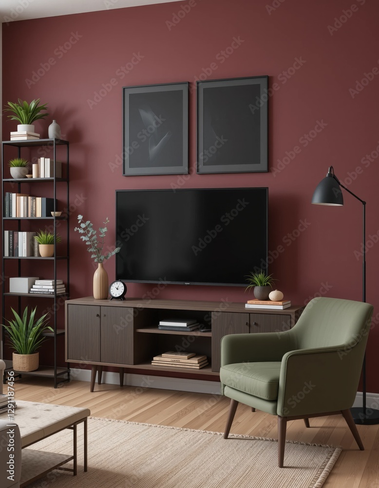 Fototapeta premium A stylish living room features a green armchair, neatly arranged plants, and framed art on a maroon wall. The television stands prominently, creating an inviting space for leisure