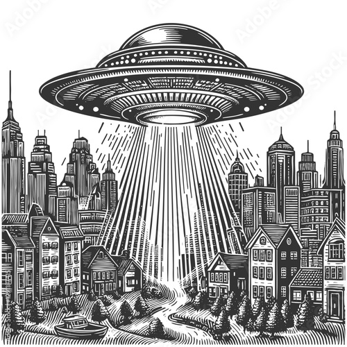 UFO hovering over a city, emitting bright beams of light in a dramatic scene sketch engraving generative ai vector illustration. Scratch board imitation. Black and white image.