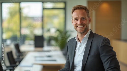 Smiling Manager Confidently Leading Session in Board