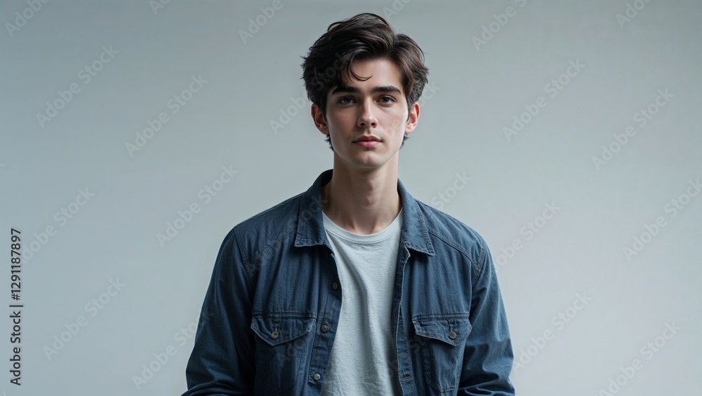 Fototapeta premium A young male animator in casual attire in a studio on a plain background