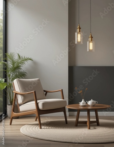 A serene corner of a stylish living room showcases a comfortable chair and a wooden table, bathed in soft natural light from large windows, creating a peaceful atmosphere for relaxation