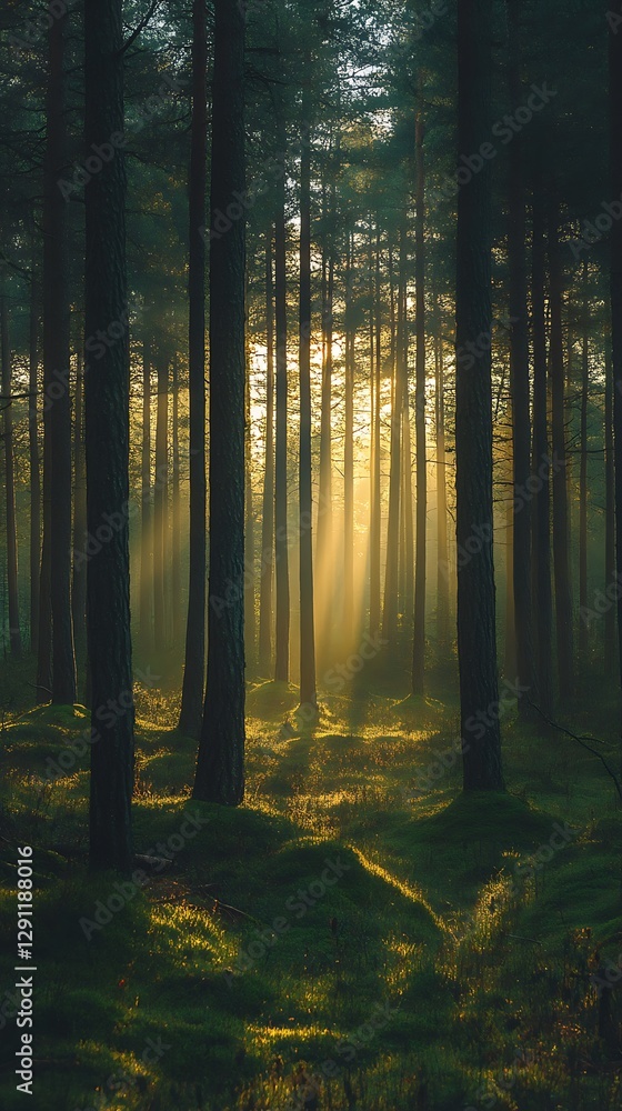 Fototapeta premium Sunlight illuminates a tall forest of evergreen trees beautifully