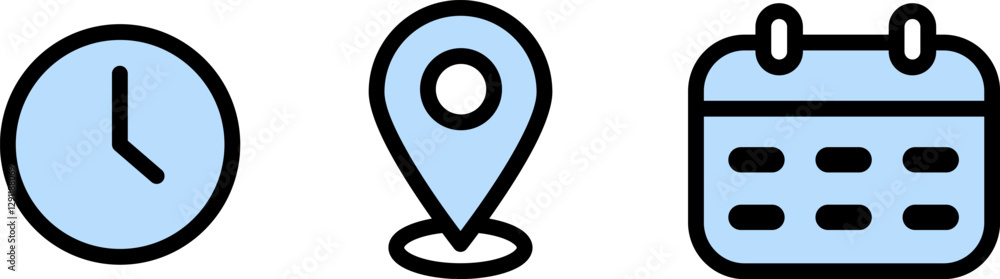 Address, time, and date icon vector with color fill. Event elements isolated on transparent background. Clock, pin map location, and calendar symbol