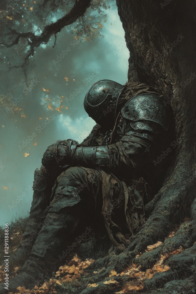 Fototapeta premium A solitary armored knight resting against a weathered tree in nature
