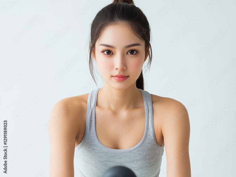 Asian woman exercising concept. Young woman in athletic wear posing confidently, showcasing fitness and wellness in a bright, minimalistic setting. Asian woman exercising concept. Young woman in athletic wear posing confidently, showcasing fitness and wellness in a bright, minimalistic setting.