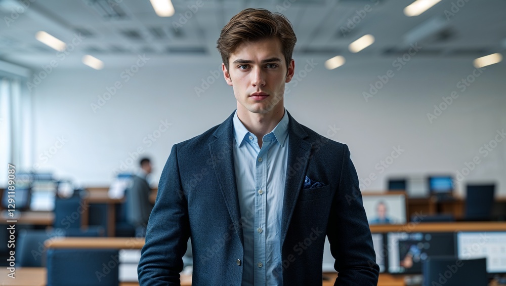 Obraz premium A young male journalist in smart casual attire in a newsroom on a plain background