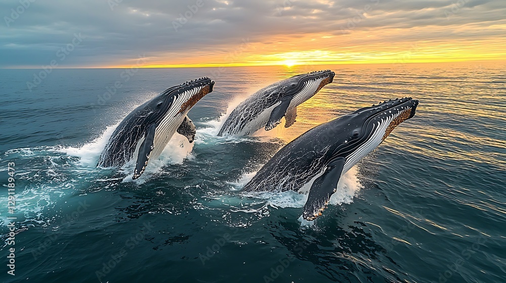 Fototapeta premium Majestic Whales Leap in Ocean Sunset