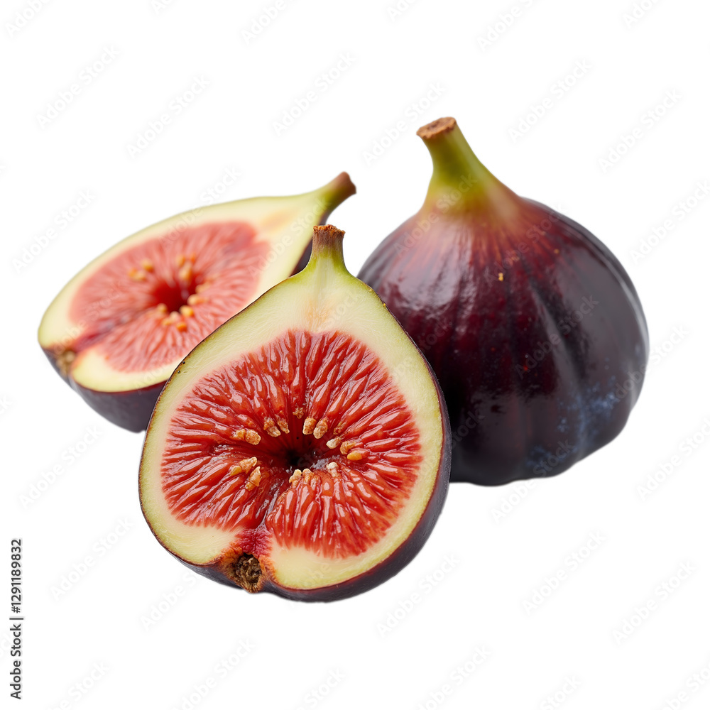 Fresh figs, also known as common figs, showcasing smooth skin, deep purple color, and vibrant red flesh with tiny seeds Fresh figs, also known as common figs, showcasing smooth skin, deep purple color, and vibrant red flesh with tiny seeds