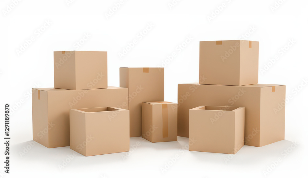 collection of various sized cardboard boxes arranged on white background, showcasing packaging and storage solutions. boxes are closed and open, highlighting versatility in use collection of various sized cardboard boxes arranged on white background, showcasing packaging and storage solutions. boxes are closed and open, highlighting versatility in use