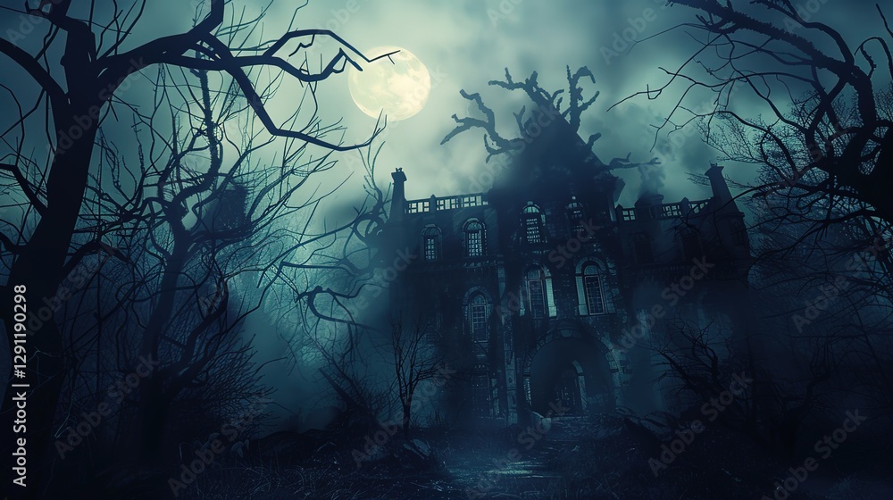 Fototapeta premium Eerie Haunted House Horror Scene Background with Spooky Atmosphere, Creepy Victorian Mansion, Ghostly Shadows, and Halloween Decoration for Dark Fantasy Design