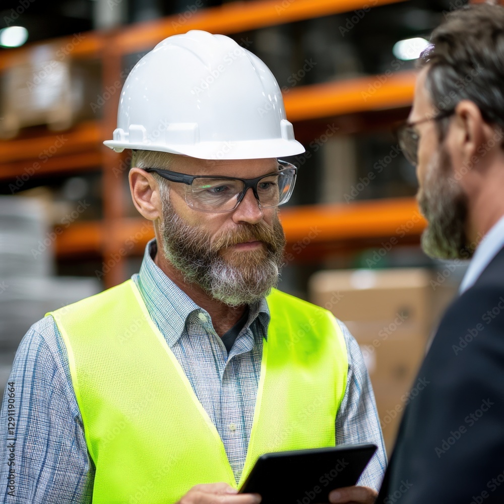 Worker in hard hat looking at colleague in warehouse Worker in hard hat looking at colleague in warehouse