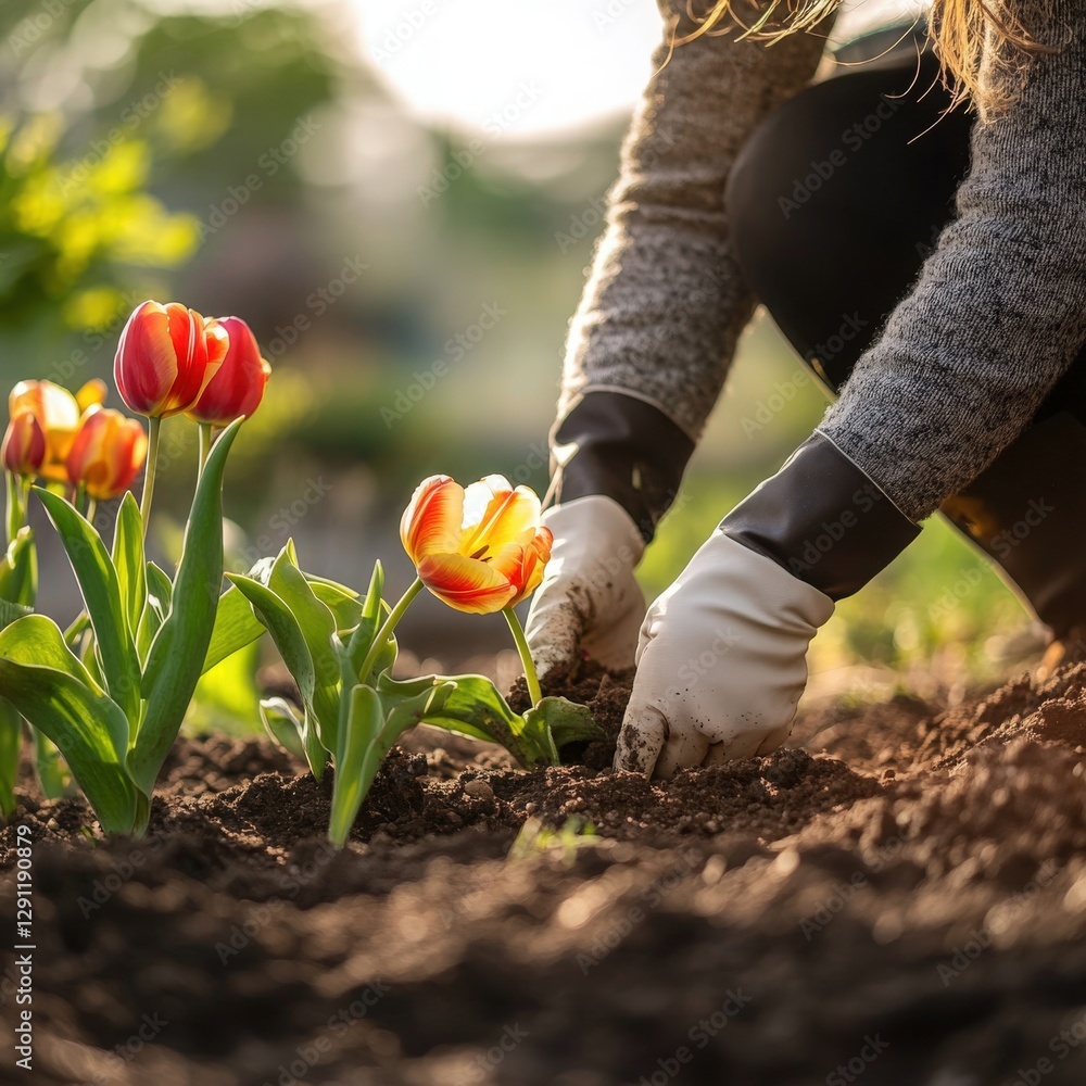 Fototapeta premium Woman Planting Red and Yellow Tulips in a Garden
