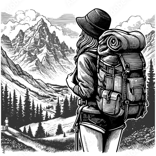 female hiker with a backpack gazing at a breathtaking mountain range, symbolizing adventure and exploration sketch engraving generative ai vector illustration. Scratch board. Black and white image.