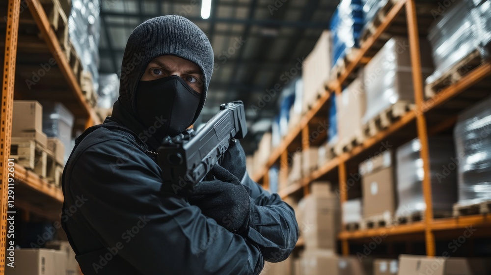 Thief alert in a warehouse with security staff reacting to suspicious activity. Featuring swift detection and warehouse protection Thief alert in a warehouse with security staff reacting to suspicious activity. Featuring swift detection and warehouse protection