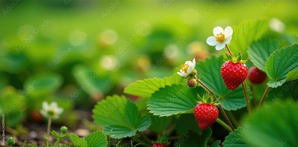 Wild strawberry plants with red berries and white flowers growing in a field, red, wild strawberry Wild strawberry plants with red berries and white flowers growing in a field, red, wild strawberry