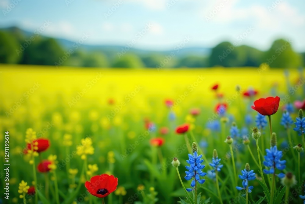 Yellow green grass with red and blue flowers in the field, green, field Yellow green grass with red and blue flowers in the field, green, field