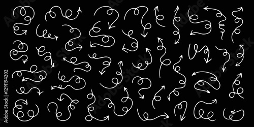 Arrow doodles, pointers of direction with curvy lines, line art, decorative sticker set with different wavy arrows. Vector illustration.