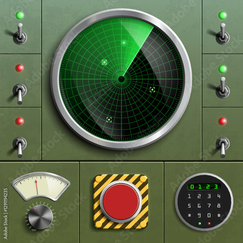 Screen military radar for target detection on dashboard with red button and switches. Vector illustration