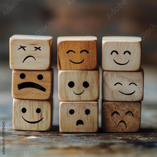 Wooden Blocks Displaying a Spectrum of Human Emotions
