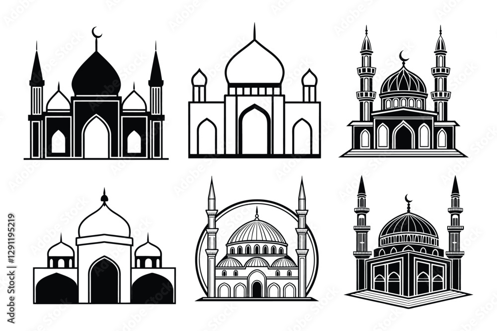 Obraz premium Elegant Black Mosque Silhouette Vector – Islamic Architecture Design 