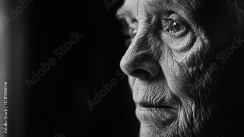 Profile of an elderly woman showcasing deep wrinkles and expressive gaze in monochrome