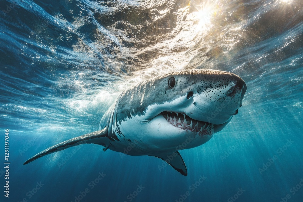 Fototapeta premium Majestic shark gliding through clear ocean waters. Generative AI
