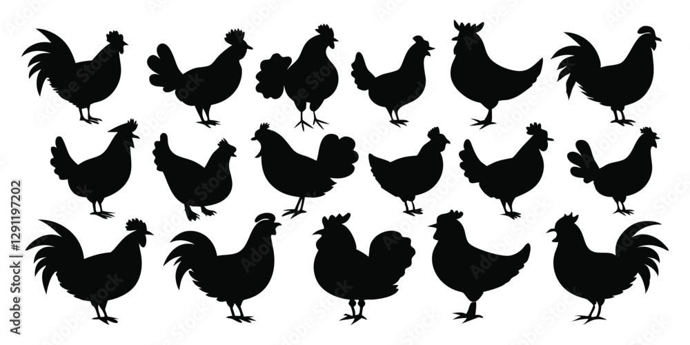 Fototapeta premium Hen or chicken black silhouettes set