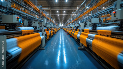 High-tech textile factory with automated weaving machines and robotic sorting systems photo