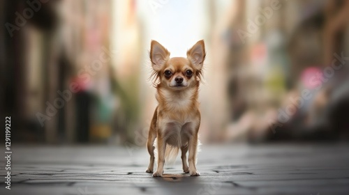 Fototapeta Naklejka Na Ścianę i Meble -  Small dog explores vibrant city streets in daylight. Generative AI
