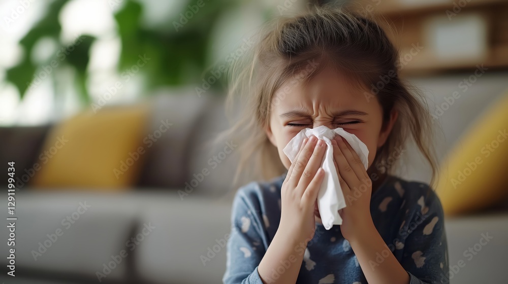 Sick girl sneezing into a tissue at home Sick girl sneezing into a tissue at home