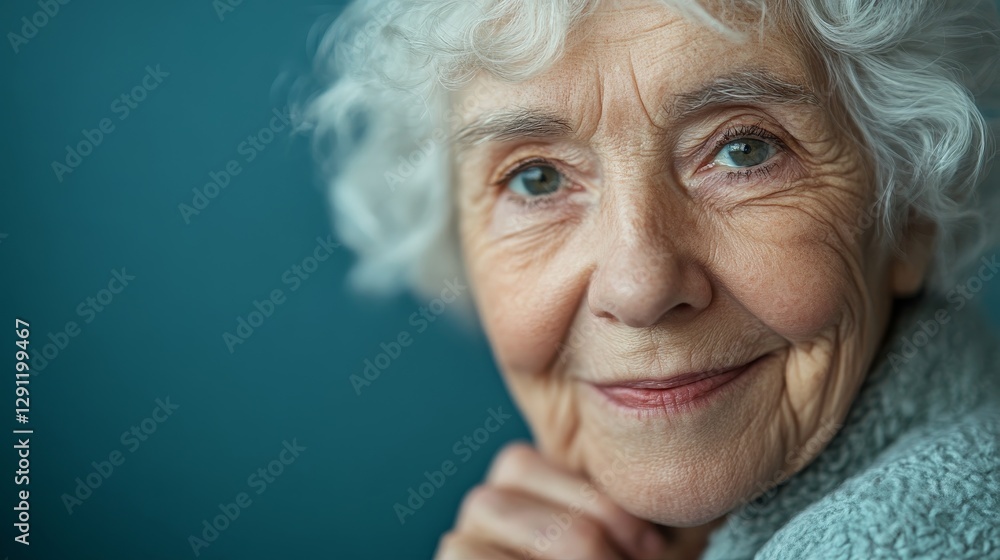 Elderly Woman with White Curls Smiling Gently Against a Teal Background Elderly Woman with White Curls Smiling Gently Against a Teal Background