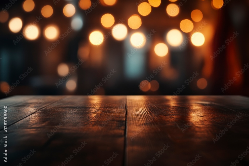 Beautiful blurred background of an empty wooden table in the foreground and a dark, blurred bokeh of a modern restaurant interior with soft lighting from lamps at night Beautiful blurred background of an empty wooden table in the foreground and a dark, blurred bokeh of a modern restaurant interior with soft lighting from lamps at night
