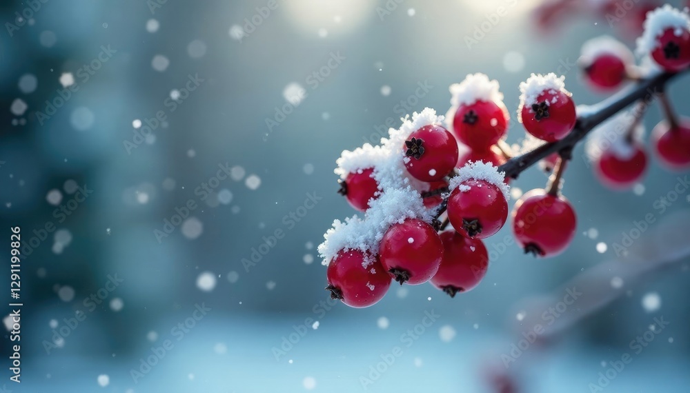 Delicate snowflakes fall on a bough heavy with bright red berries, snowflakes, winter wonderland, frosty morning Delicate snowflakes fall on a bough heavy with bright red berries, snowflakes, winter wonderland, frosty morning