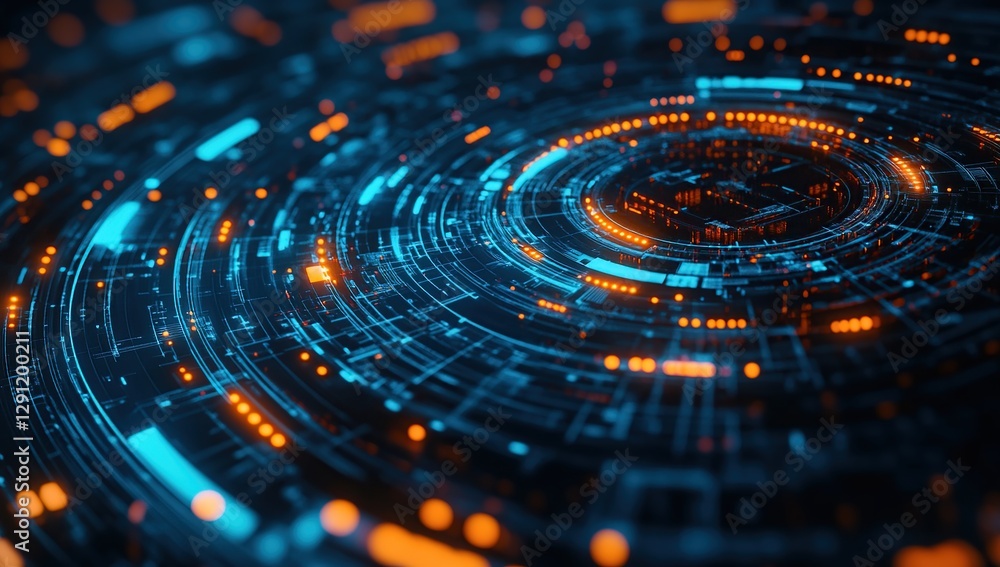 Abstract Futuristic Technology Background with Circular Blue and Orange Glowing Lines Abstract Futuristic Technology Background with Circular Blue and Orange Glowing Lines
