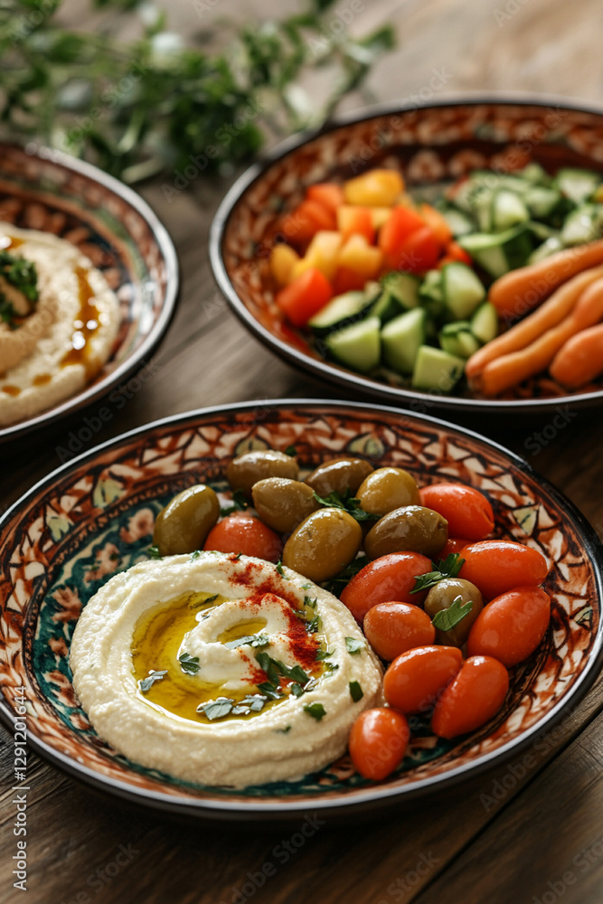 Turkish meze platter: hummus, yogurt sauce, vegetables and olives in ceramic plates Turkish meze platter: hummus, yogurt sauce, vegetables and olives in ceramic plates