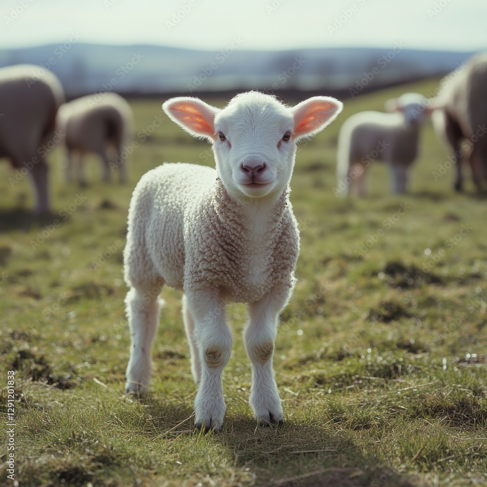 Obraz premium Adorable White Lamb in a Green Pasture