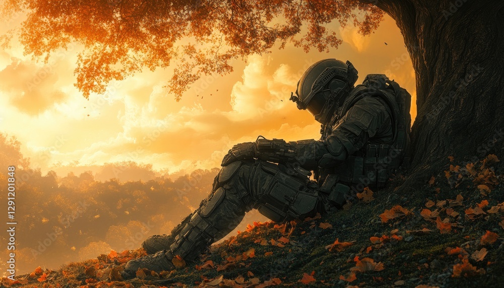 A soldier resting under a tree in a vibrant autumn scene A soldier resting under a tree in a vibrant autumn scene