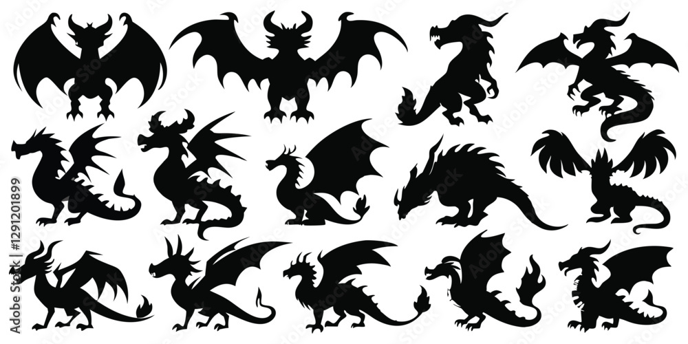 Obraz premium Dragon animals Black silhouettes Set