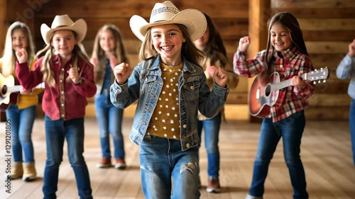 Group young children in cowboy hats perform country dance in a barn during a joyful celebration with guitars