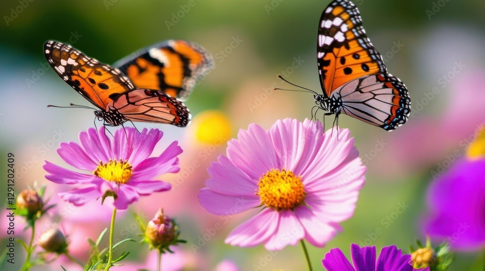 Obraz premium Colorful butterflies flutter around vibrant flowers in a sunny garden