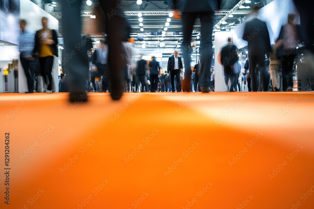 Blurred Motion of a Crowd Walking on an Orange Carpet at a Trade Show