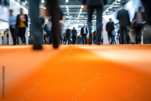 Obraz na płótnie Blurred Motion of a Crowd Walking on an Orange Carpet at a Trade Show w salonie