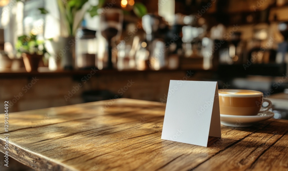 White blank menu card mockup on a wooden table with a blurred coffee shop background. The focus is the white square blank menu card standing upright White blank menu card mockup on a wooden table with a blurred coffee shop background. The focus is the white square blank menu card standing upright