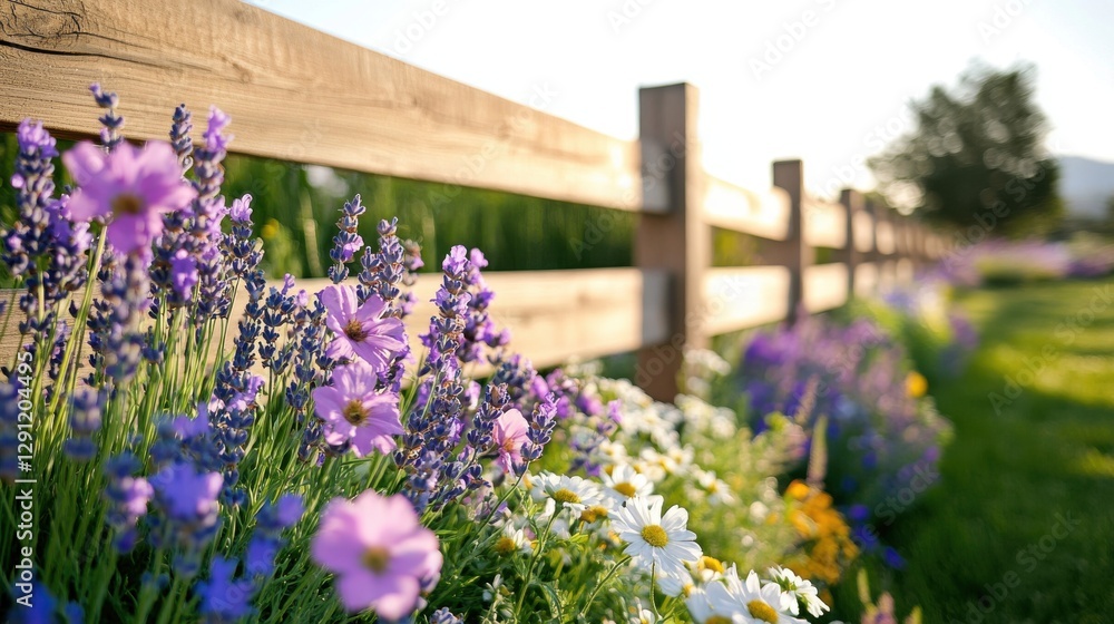 Obraz premium Colorful wildflowers bloom beside a wooden fence under the warm sunlight in a peaceful rural setting