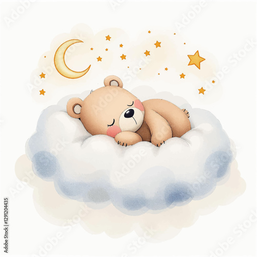 Cute teddy bear sleeps on a cloud, watercolor on a white isolated background	