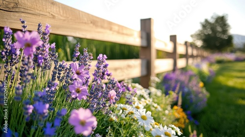 Fototapeta Naklejka Na Ścianę i Meble -  Colorful wildflowers bloom beside a wooden fence under the warm sunlight in a peaceful rural setting