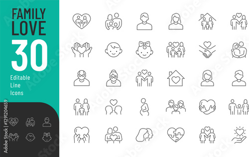 Family and Love Line Editable Icons set. Vector illustration in modern thin line style of relationships related icons: traditional and lgbtq couple, family members, symbols of love, and more. 